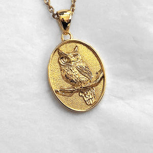 14k 18k gold oval owl pendant necklace for men