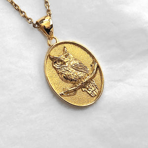 14k 18k gold oval owl pendant necklace for men