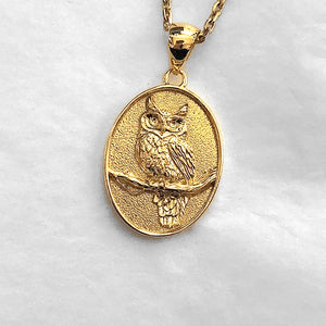 14k 18k gold oval owl pendant necklace for men