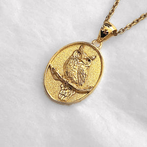 14k 18k gold oval owl pendant necklace for men