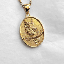 Load image into Gallery viewer, men&#39;s and women&#39;s owl pendant necklace in 14k and 18k gold, with an oval shape
